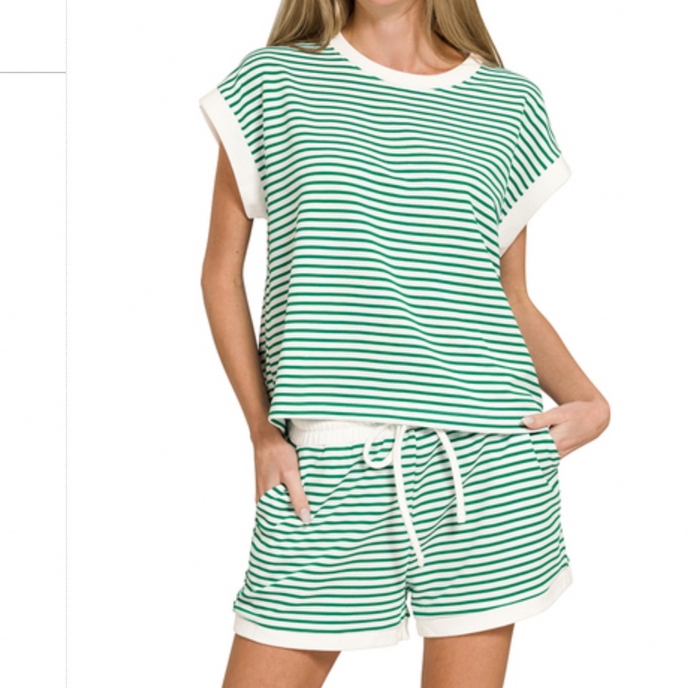 Zenana Outfitters Green and White Striped Short Set